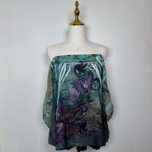 vintage ny collection green purple bling y2k floral blouse forest fairy mermaid